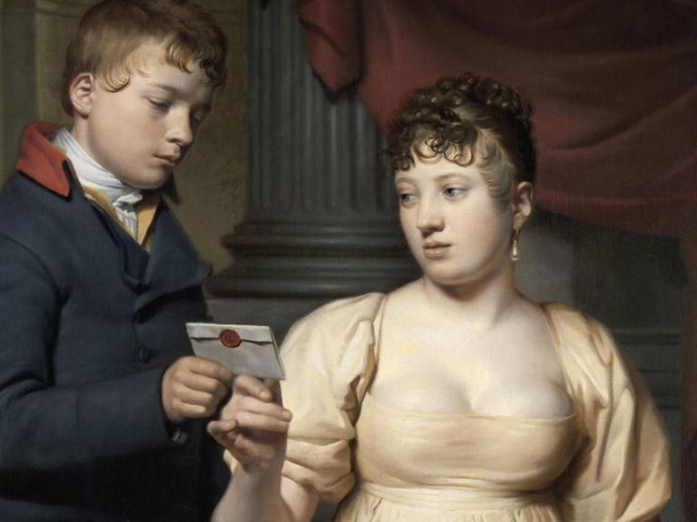 Der Liebesbrief, niederländisches Gemälde, Öl auf Leinwand von Willem Bartel van der Kooi um 1808. Eine junge Frau in taillenhohem Empire-Kleid mit Empire-Frisur erhält einen Liebesbrief von einem jungen männlichen Boten.