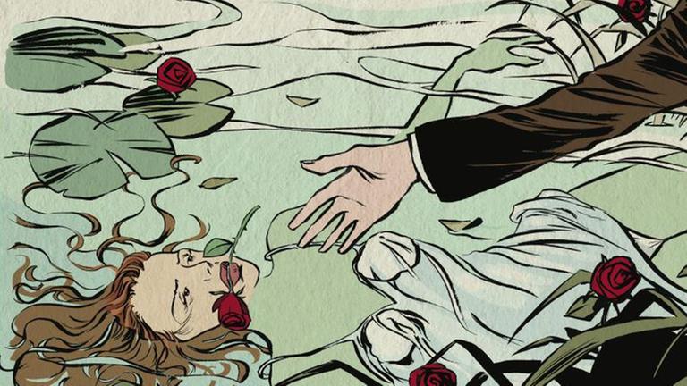 Eine Tote im Wasser, von Rosen umgeben. Caves Comic-Hand streckt sich nach ihr (Bild: © Reinhard Kleist, Carlsen Verlag/ Hamburg 2017)