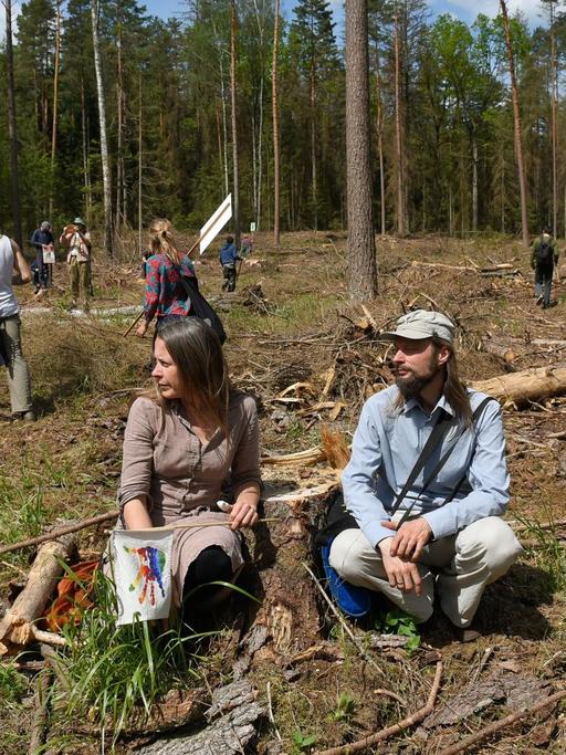 Eine Gruppe von Öko-Aktivisten hockt verteilt über eine abgeholzte Fläche des Bialowieza-Waldes. Im Hintergrund stehen noch Bäume.