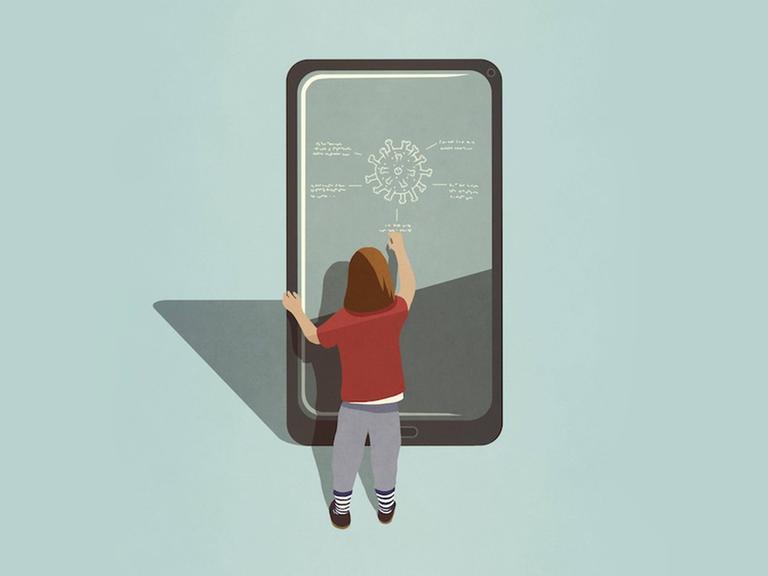 Eine Illustration zeigt ein Mädchen vor ein überdimensionalen Smartphone-Bildschirm auf dem das Coronavirus dargestellt ist.