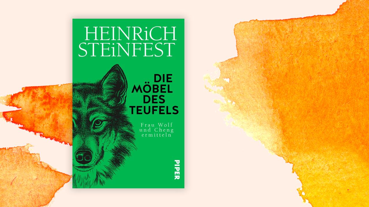 Das Buchcover des Krimis von Heinrich Steinfest, "Die Möbel des Teufels", auf orange-weißem Hintergrund.