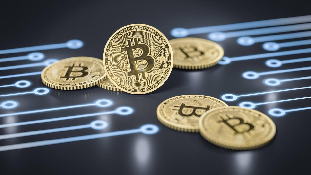 Eine 3D-Computergrafik zeigt Bitcoin-Münzen auf einem Computerboard liegend 