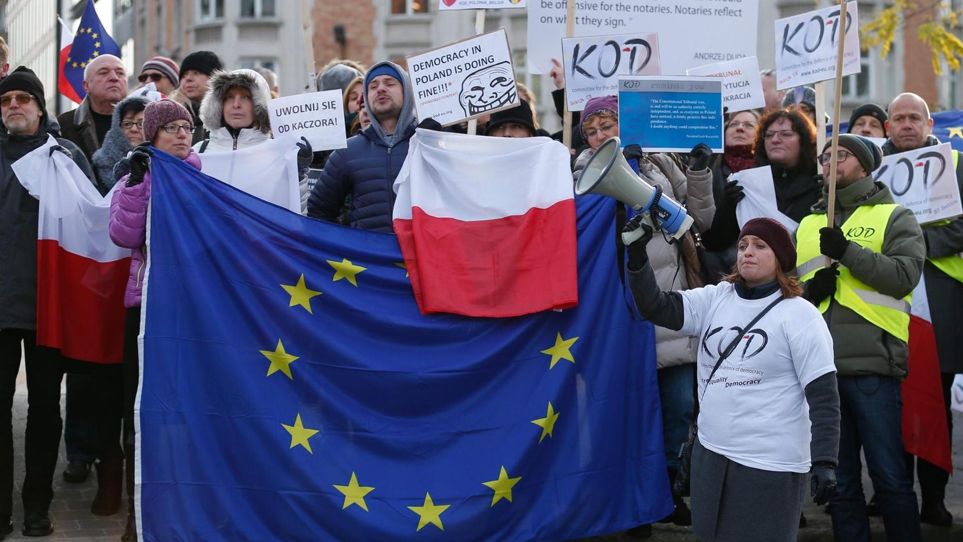 Demonstration gegen Polens umstrittenen Medien- und Justizgesetze in Brüssel am 18. Januar 2016.