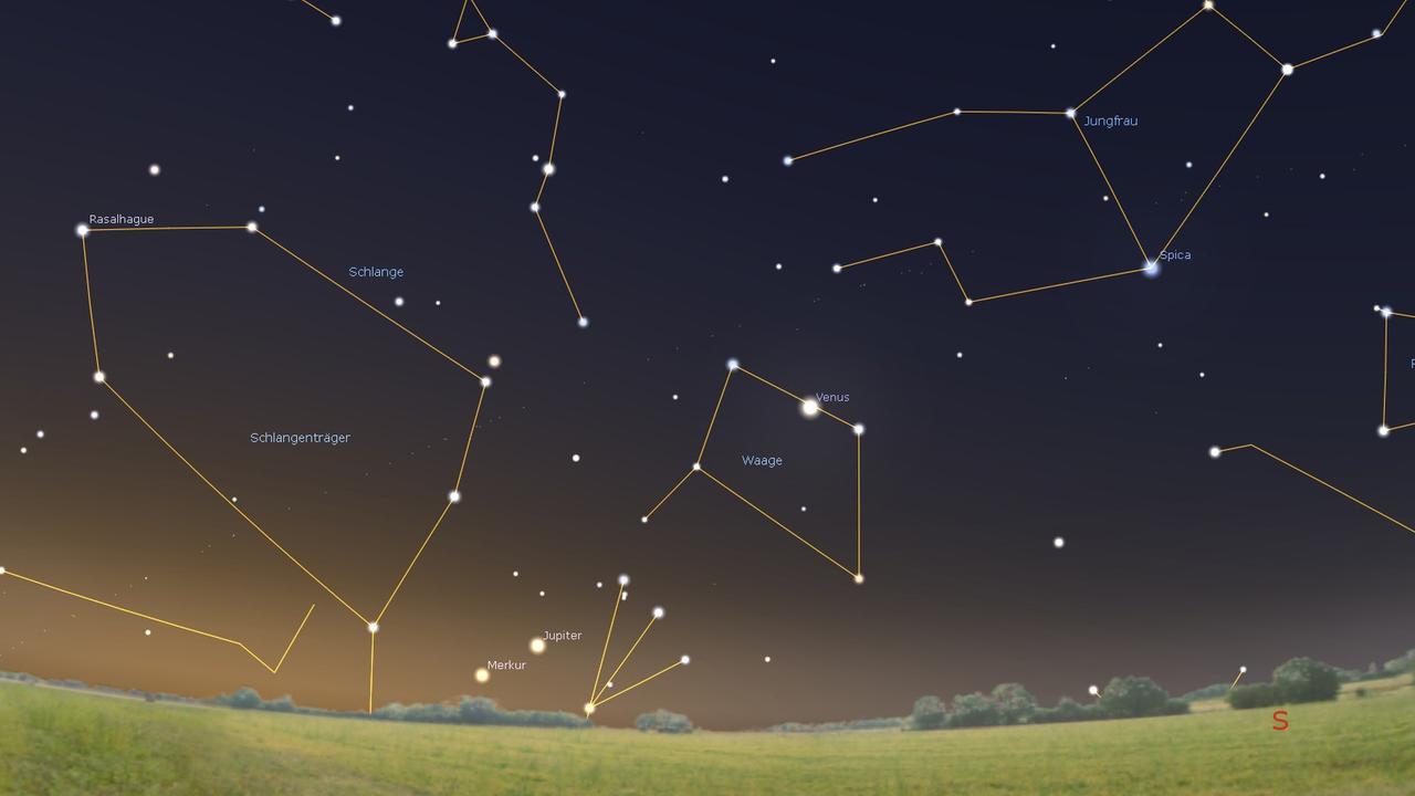 Viele schöne Weihnachtsgestirne: Merkur, Jupiter, Venus und Spica morgen früh in der Morgendämmerung