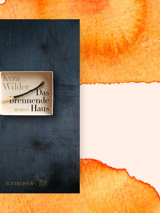 Auf einer orangefarbenen Aquarellfläche ist das Buchcover von "Das brennende Haus" zu sehen.
