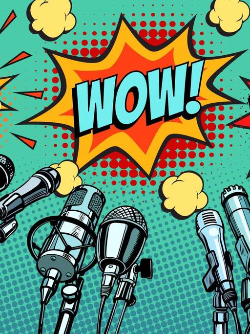 Eine Illustration zeigt Mikrofone und die Ausrufe "Yes!", "Wow!" und "No!".