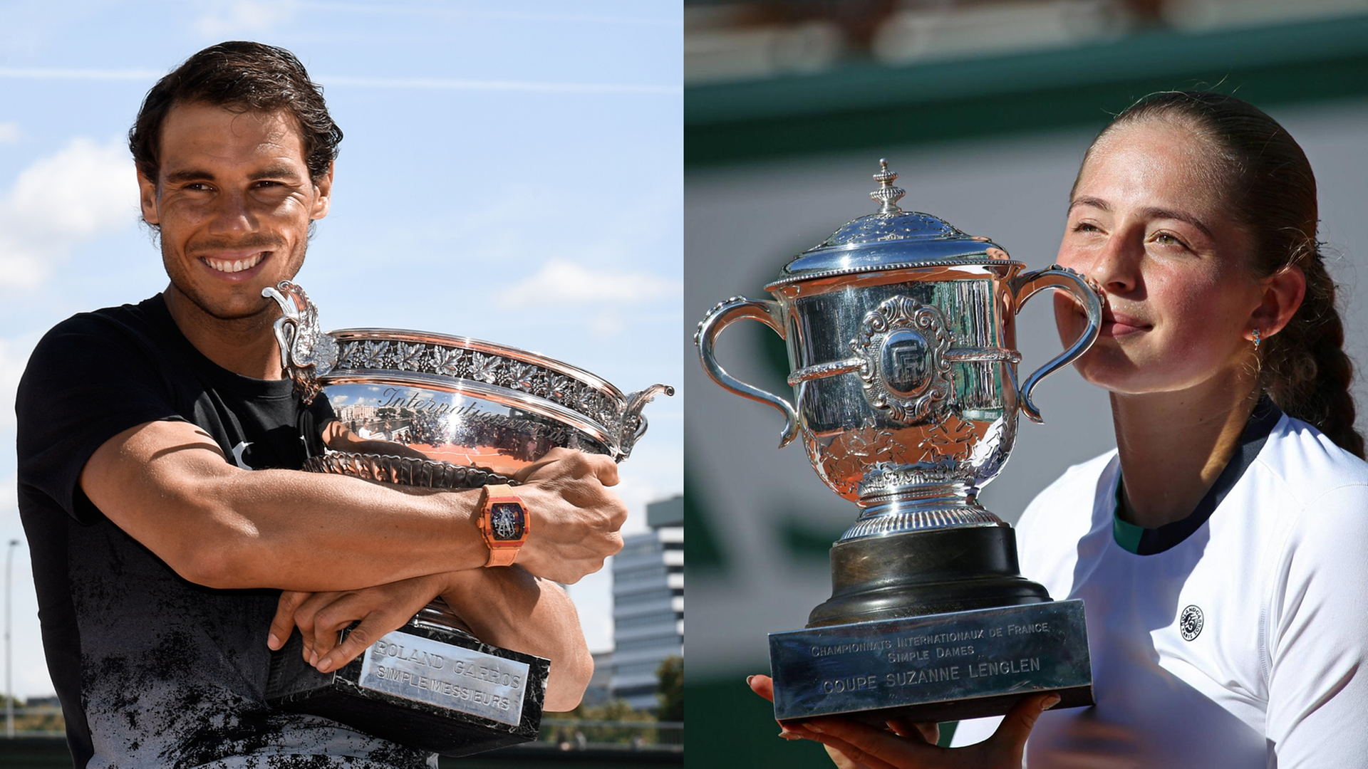 Die Fotomontage zeigt Nadal und Ostapenko nebeneinander mit ihren Pokalen Die Fotomontage zeigt Nadal und Ostapenko nebeneinander mit ihren Pokalen