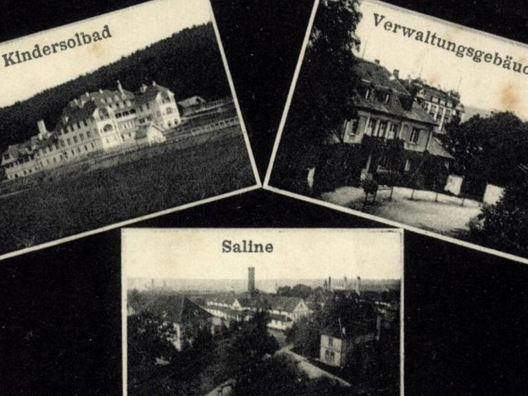 Alte Postkarte mit Ansichten des Kindersolbads, des Verwaltungsgebäudes und der Saline in Bad Dürrheim.