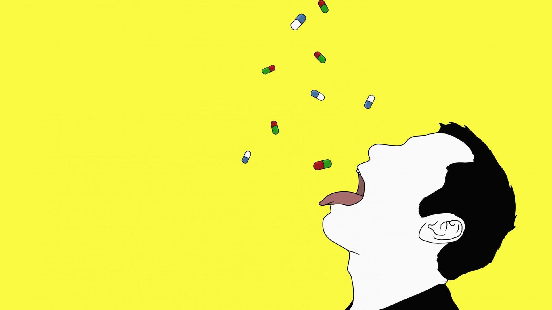 Illustration von Medikamenten, in Form von Kapseln, die in den Mund eines Mannes mit rausgestreckter Zunge fallen.