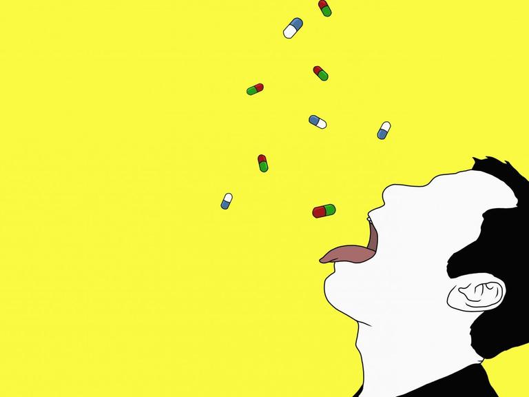 Illustration von Medikamenten, in Form von Kapseln, die in den Mund eines Mannes mit rausgestreckter Zunge fallen.