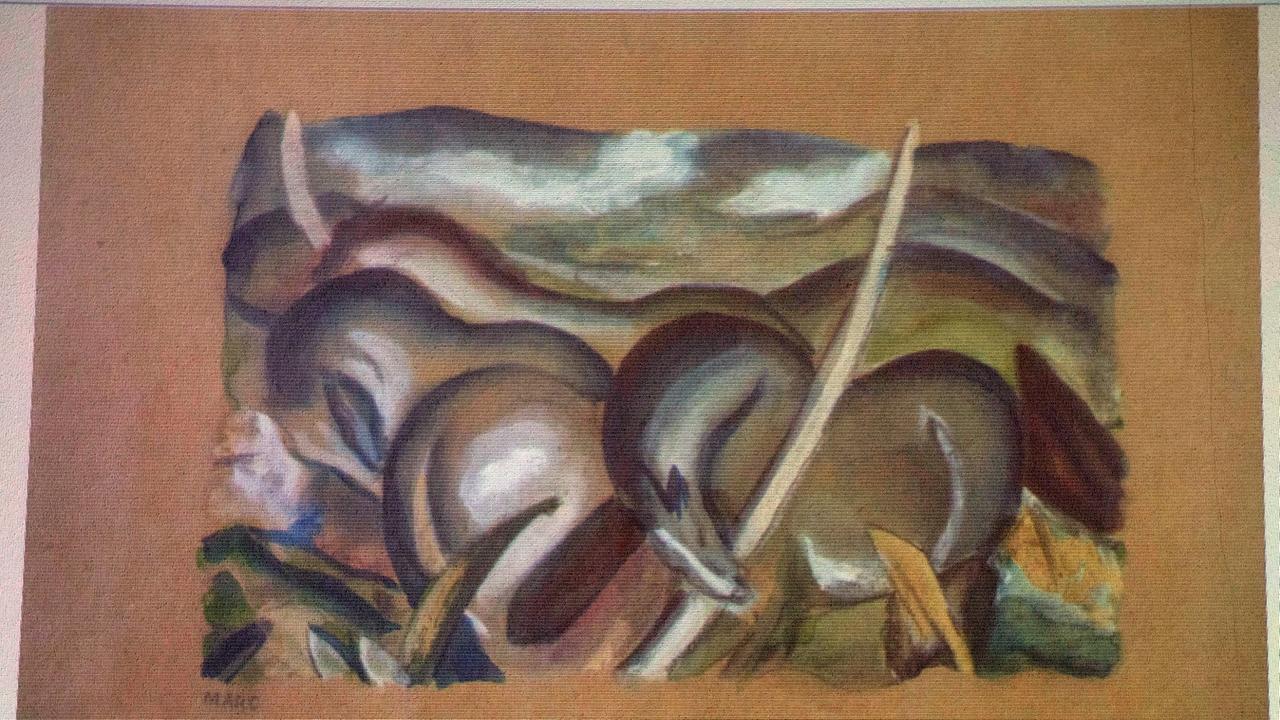 Ein Kunstwerk des deutschen Malers Franz Marc mit dem Titel "Pferde in Landschaft" ist am 05.11.2013 in Augsburg (Bayern) während einer Pressekonferenz der Staatsanwaltschaft Augsburg zum Sensationsfund von Nazi-Raubkunst in München über einen Beamer an d Ein Kunstwerk des deutschen Malers Franz Marc mit dem Titel "Pferde in Landschaft" ist am 05.11.2013 in Augsburg (Bayern) während einer Pressekonferenz der Staatsanwaltschaft Augsburg zum Sensationsfund von Nazi-Raubkunst in München über einen Beamer an d