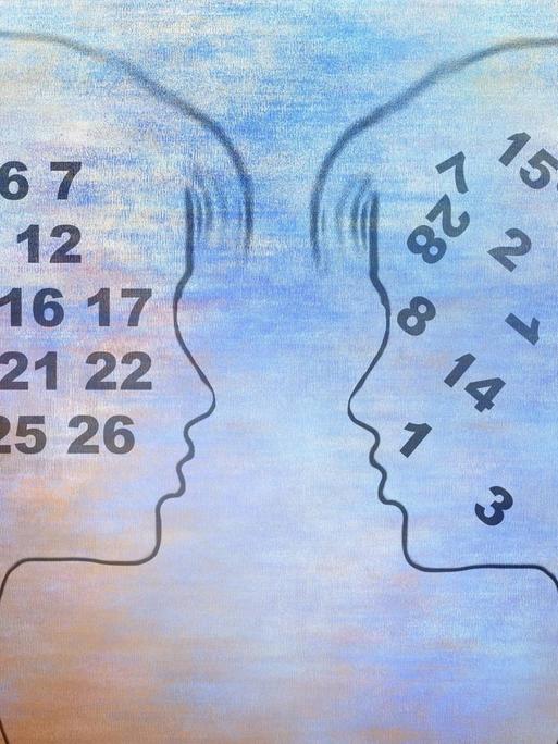 Abstrakte Illustration zweier Mädchen im Profil - im Kopf der einen ist eine intakte Zahlenkette von eins bis achtundzwanzig, im Kopf der anderen wirbeln die Zahlen durcheinander.