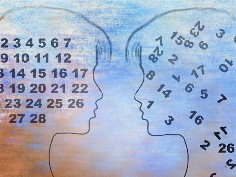 Abstrakte Illustration zweier Mädchen im Profil - im Kopf der einen ist eine intakte Zahlenkette von eins bis achtundzwanzig, im Kopf der anderen wirbeln die Zahlen durcheinander.