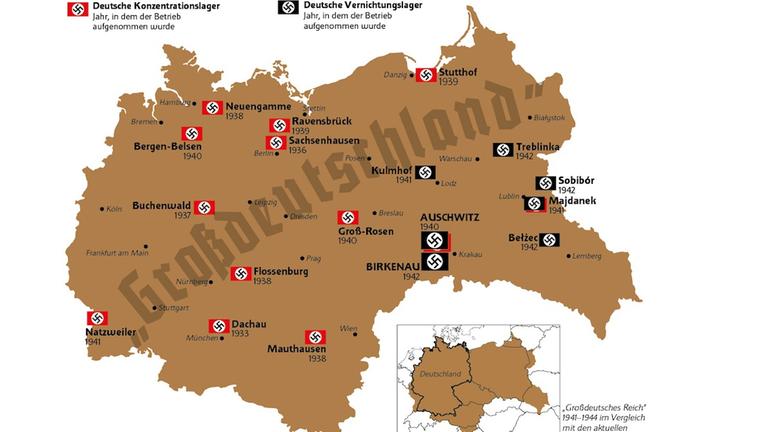 Auf der Seite truthaboutcamps.eu ist eine Karte mit den wichtigsten deutschen Konzentrations- und Vernichtungslagern zwischen 1941 und 1944 zu sehen.