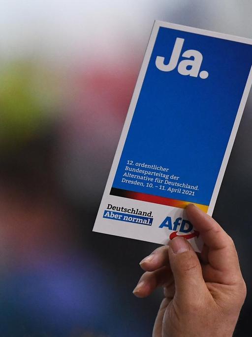 Die Delegierten zeigen in der Dresdener Messehalle beim Bundesparteitag der AfD in Dresden ihre Stimmkarten am 10.04.2021.
