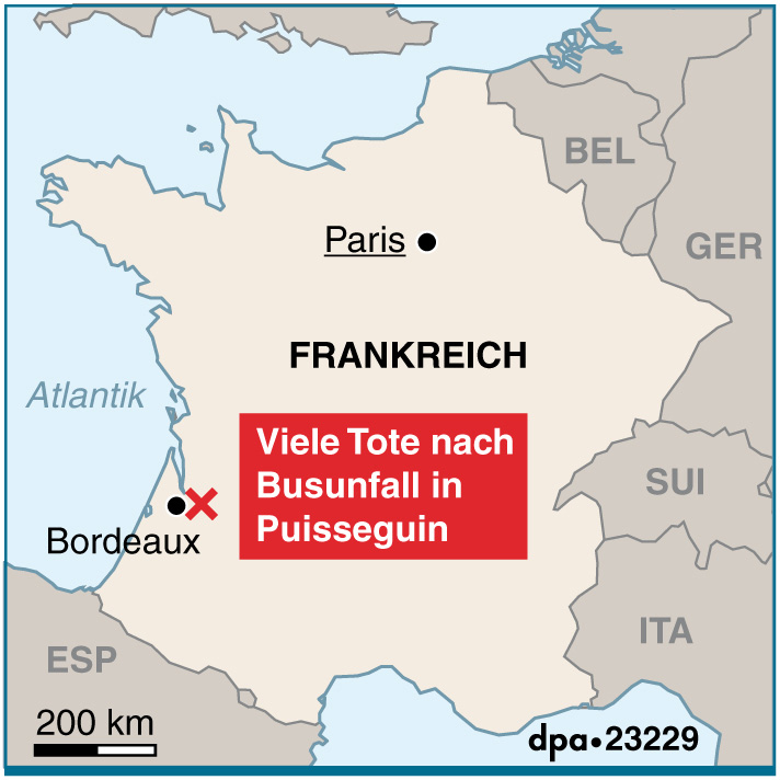 Karte - Busunfall in Frankreich mit vielen Toten Karte - Busunfall in Frankreich mit vielen Toten