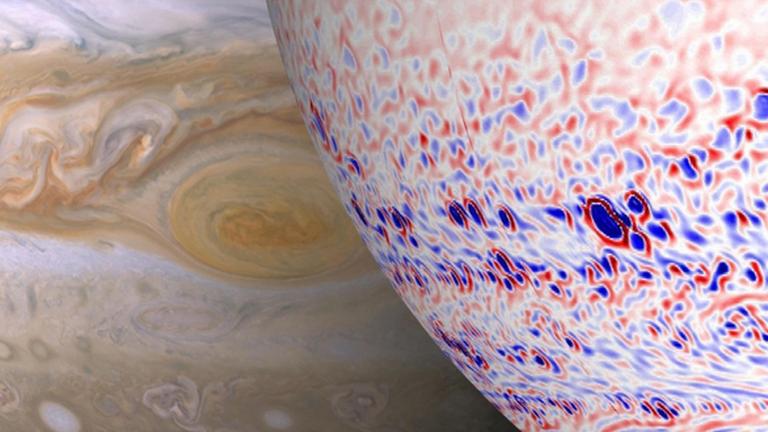Jupiters Wolken im Original (links) und in der Simulation (rechts)