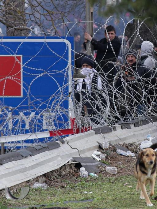 Migranten warten an der türkisch-griechischen Grenze. Die Grenze ist mit Stacheldraht gesichert.