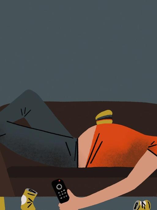 Eine Illustration zeigt einen schlafenden Mann auf der Couch, neben leeren Bierdosen und mit einem Burger-Rest auf dem Bauch.