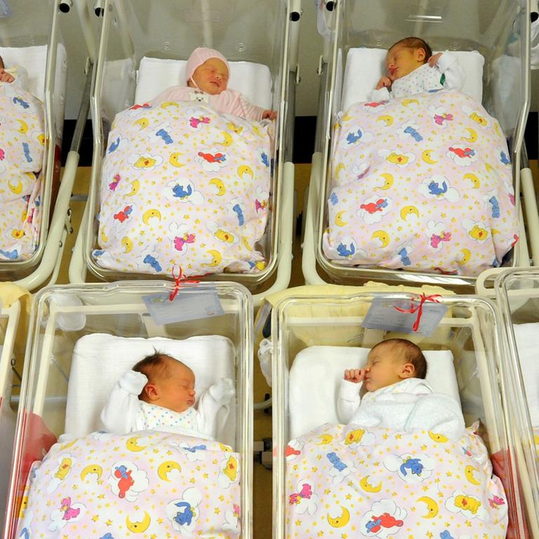 Für ein Foto liegen viele Babys zusammen auf der Neugeborenenstation im Krankenhaus St. Elisabeth und St. Barbara in Halle in ihren Bettchen, aufgenommen am 05.01.2011.