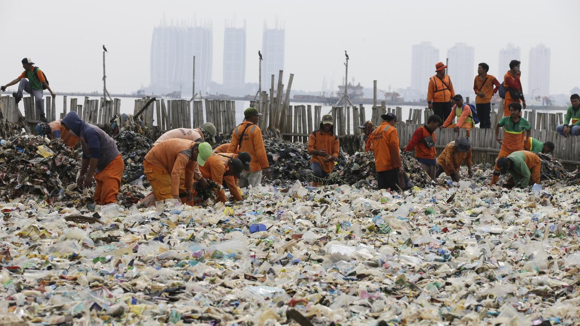 Jakarta: Arbeiter entsorgen Müll in der Jakarta Bay. Jakarta: Arbeiter entsorgen Müll in der Jakarta Bay.