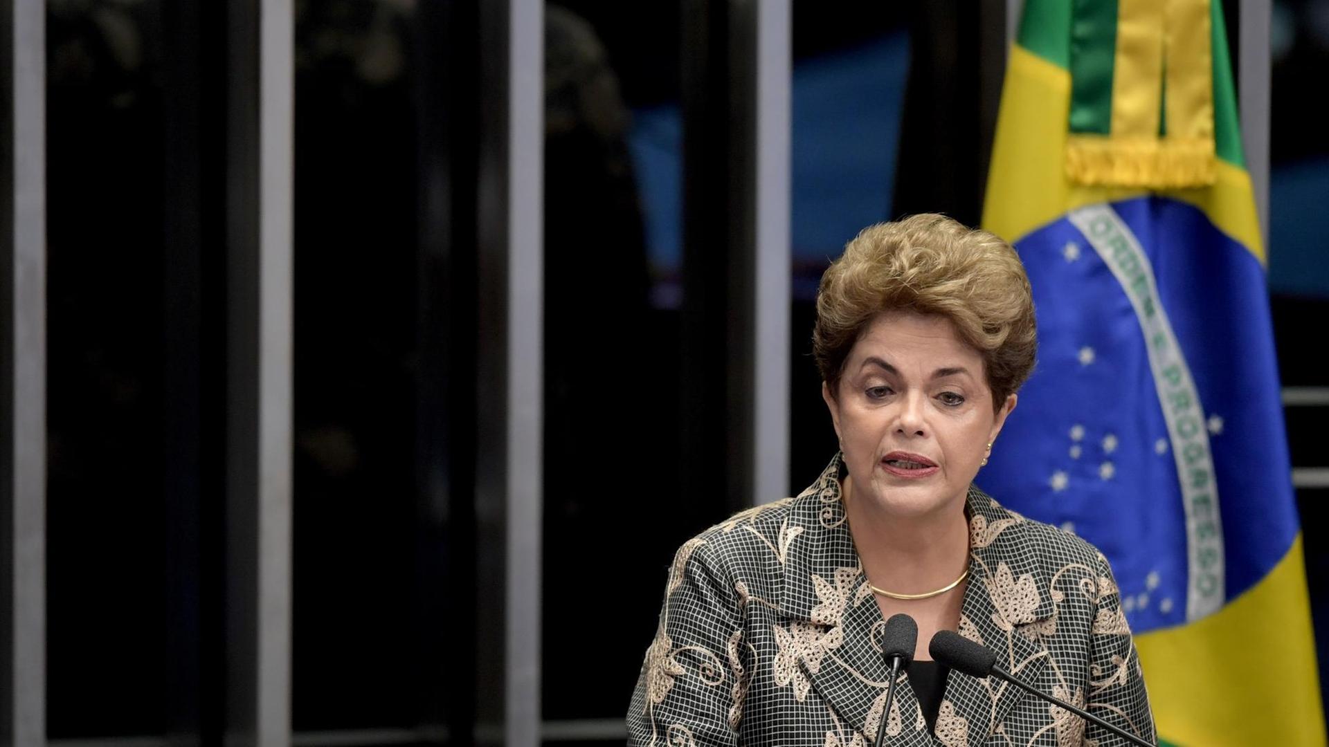 Dilma Rousseff am Rednerpult. Im Hintergrund steht eine brasilianische Flagge.