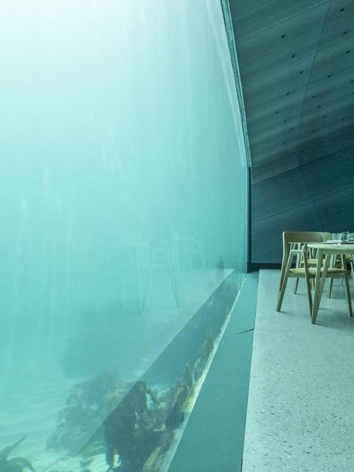 Tische im Restaurant Under stehen direkt neben der Glasscheibe, die einen Blick in den Ozean ermöglicht.