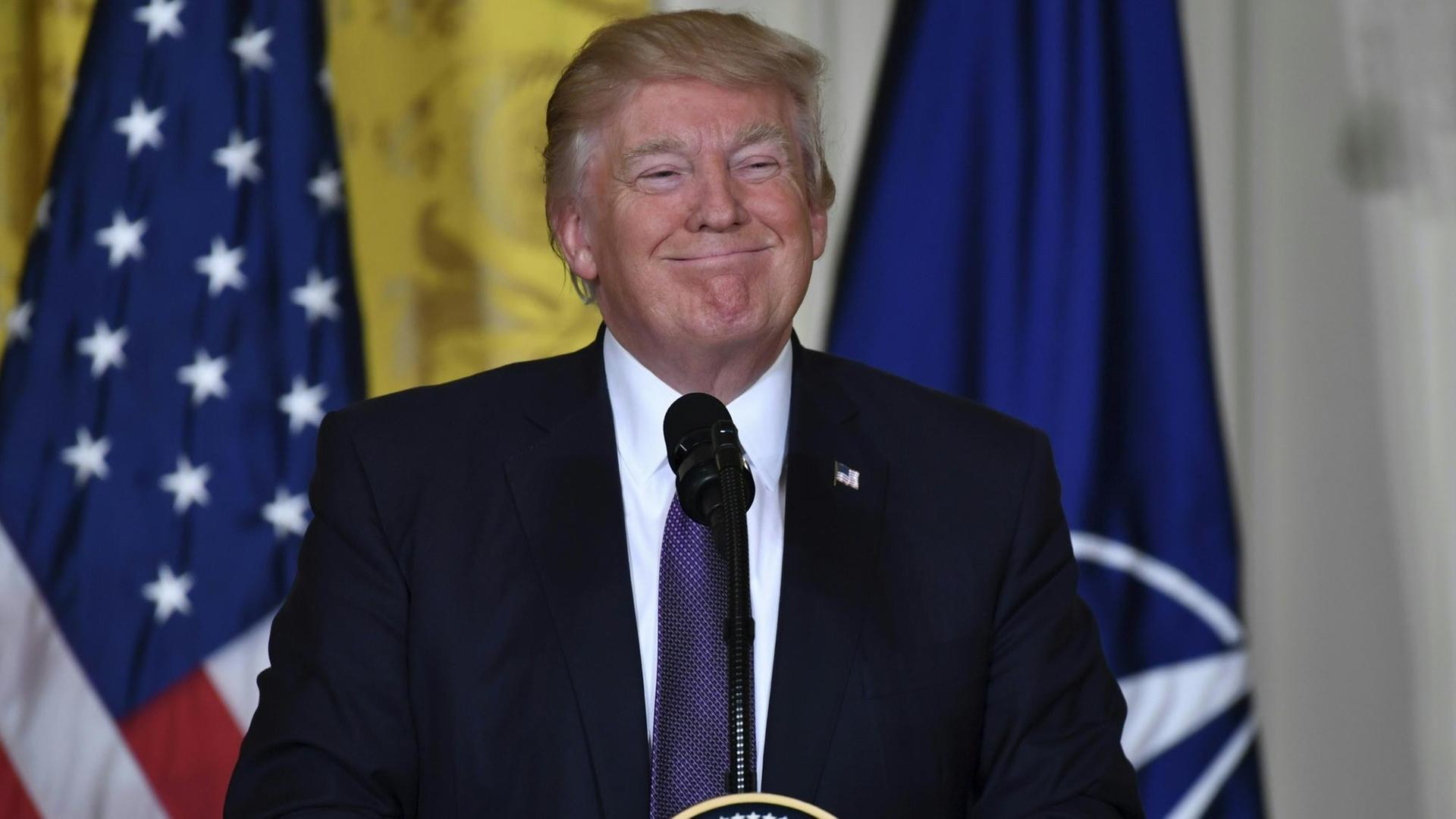 US-Präsident Trump steht an einem Rednerpult und grinst breit, hinter ihm die Flaggen der USA und der Nato.