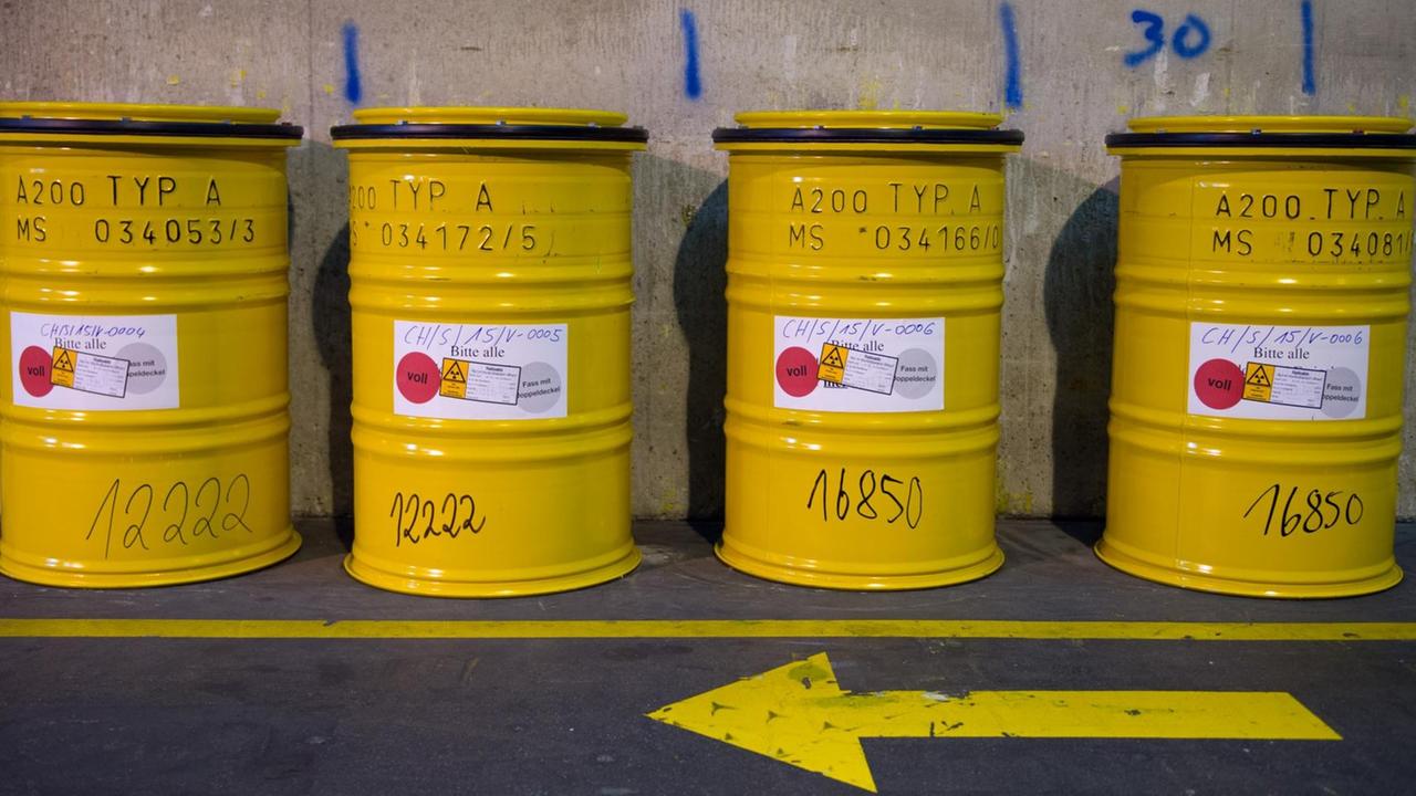 Gelbe Fässer mit radioaktivem Abfall stehen am 6. Mai 2015 neben einem Weg im Zwischenlager der Wiederaufarbeitungsanlage Karlsruhe (WAK) in Eggenstein-Leopoldshafen (Baden-Württemberg).