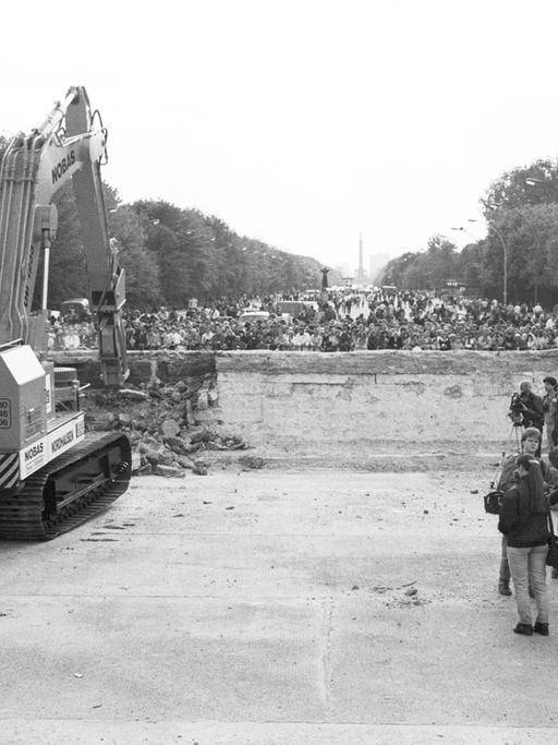 Beginn des Abrisses der Berliner Mauer am Brandenburger Tor, im Hintergrund die Siegessäule