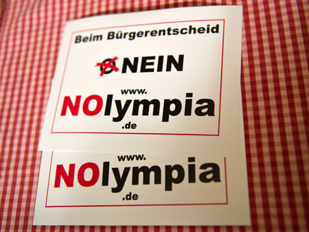 Ein Flyer, der zur Nein-Stimme bei der Wahl des Bürgerentscheids bezüglich der Münchner Olympiabewerbung aufruft