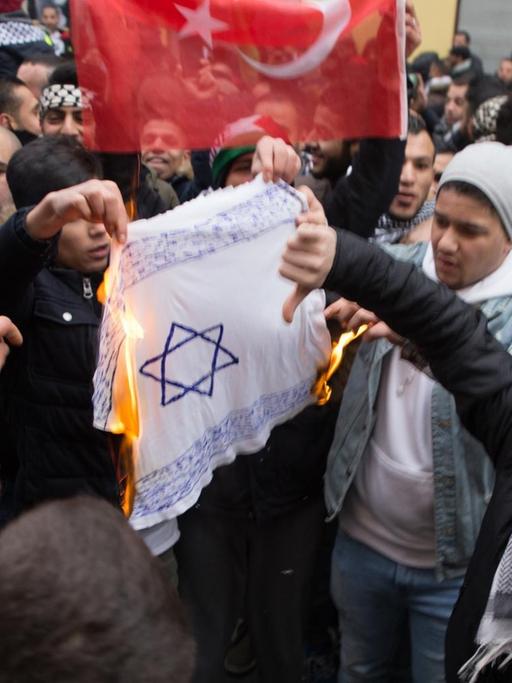 Teilnehmer einer Demonstration verbrennen eine selbstgemalte Fahne mit einem Davidstern im Berliner Stadtteil Neukölln