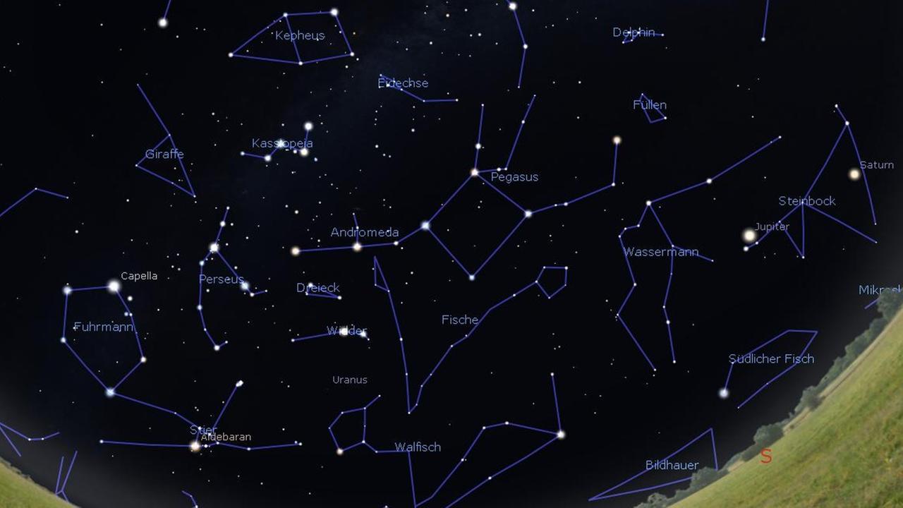 Das Herbstdrama mit Kepheus, Kassiopeia, Andromeda, Perseus und Walfisch gegen Mitternacht am Südosthimmel