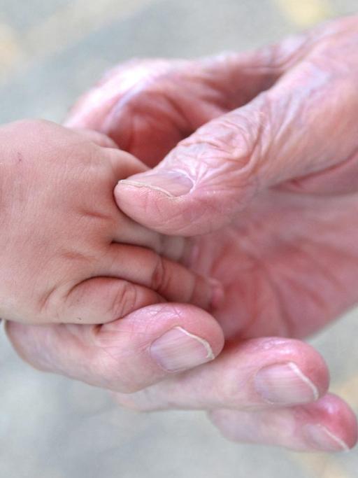 Eine Babyhand liegt in der Hand eines alten Menschen.