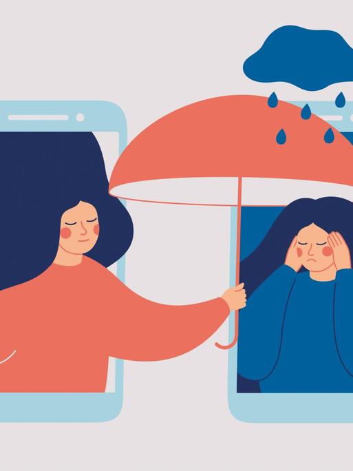 Illustration zweier Smartphones. In einem sitzt eine niedergeschlagene Frau über der es regent, aus dem anderen lehnt eine Frau mit Regenschirm die ihr Trost spendet.