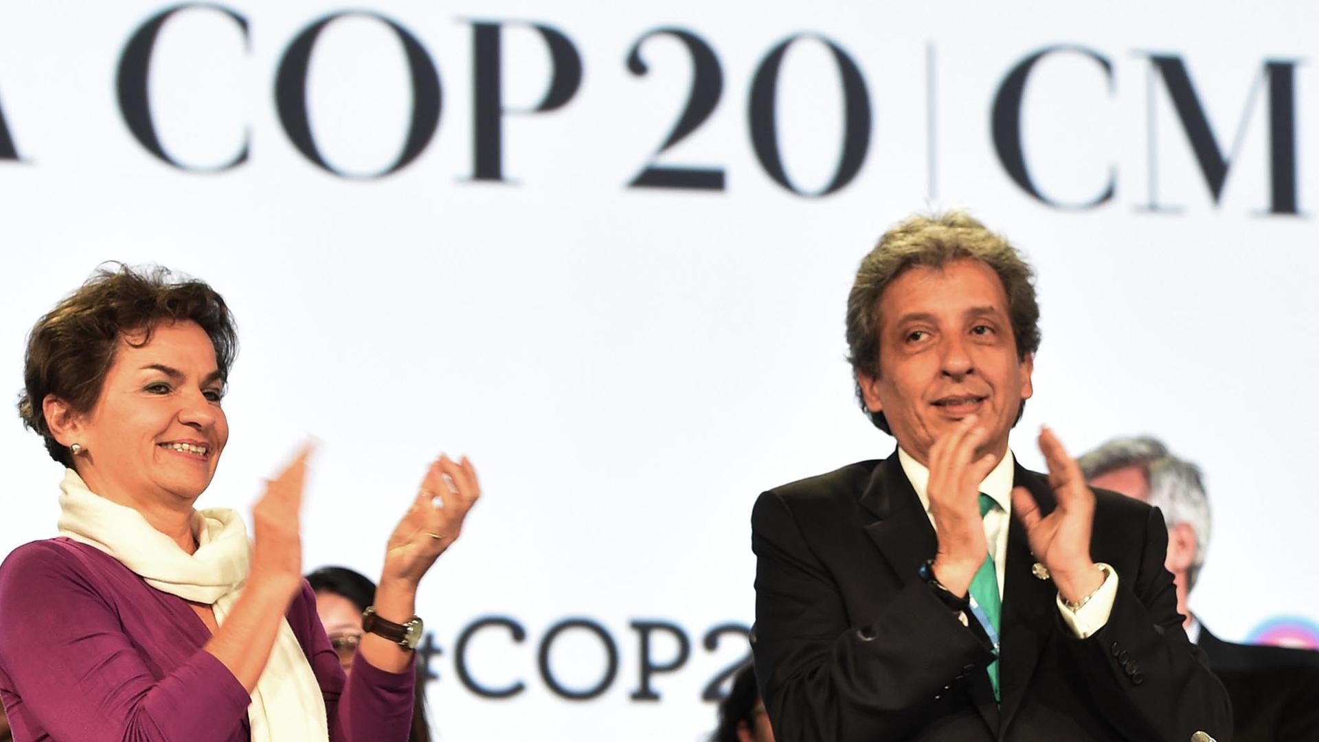 Nach dem Verhandlungsmarathon: UNO-Klimasekretärin Christiana Figueres und der peruanische Umweltminister Manuel Pulgar beklatschen den Klima-Deal.