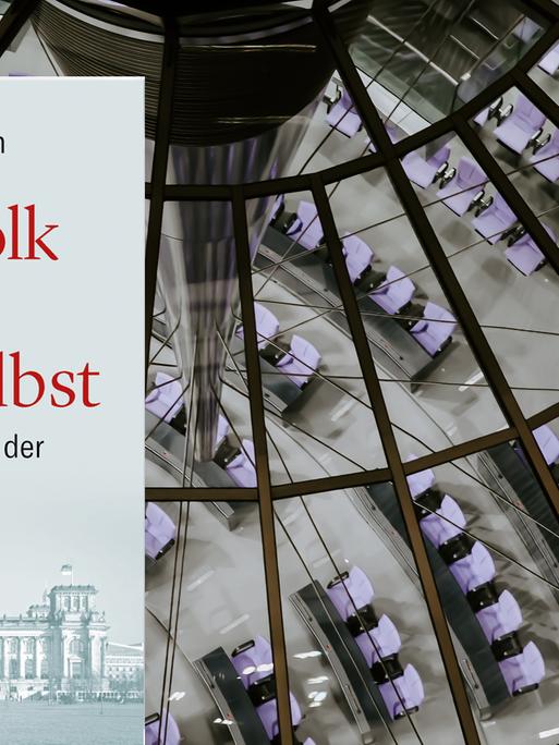 Im Vordergrund das Cover von Klaus Bringmanns "Das Volk regiert sich selbst", im Hintergrund ein Blick durch die Glaskuppel in den Plenarsaal des Bundestages.