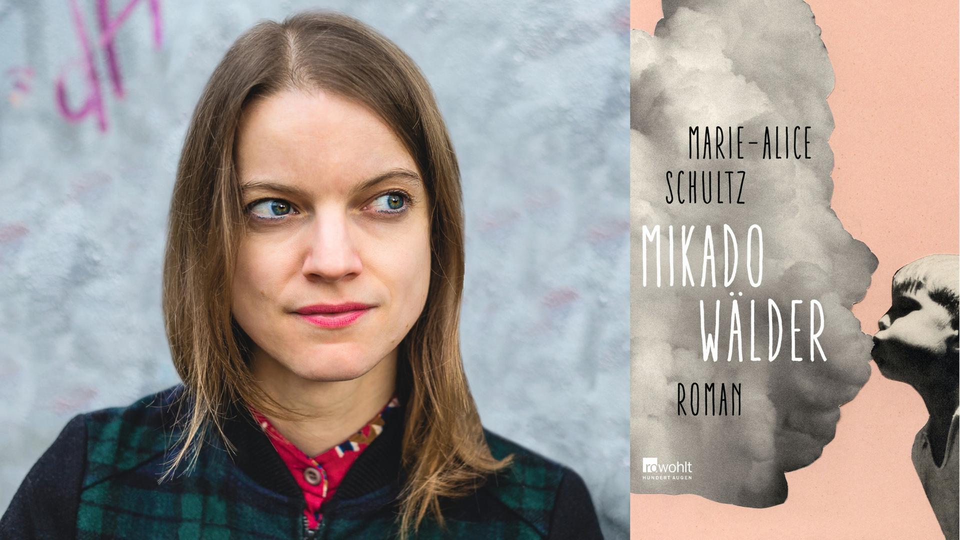 Zu sehen ist Marie-Alice Schultz und das Cover ihres Romans "Mikadowälder"