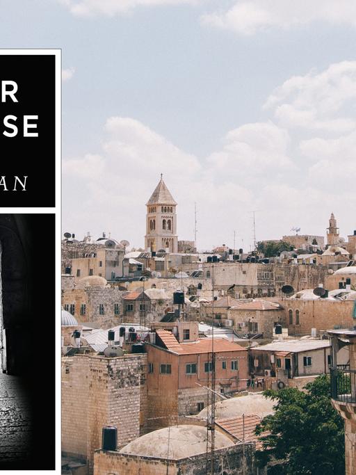 Cover von Stewart O'Nans Roman "Stadt der Geheimnisse". Auf dem Cover ist ein SW-Foto zu sehen, dass einen Mann zeigt der durch eine dunkle Gasse mit alten Steinhäusern geht. Im Hintergrund des Buchcovers sind Häuser von Jerusalem zu sehen.