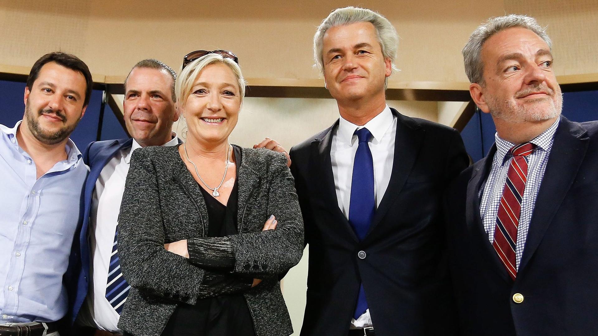 (L-R) The Federal Secretary of Northern League's party, Matteo Salvini, Far-right Freedom Party of Austria (FPOe) Harald Vilimsky, French far-right National Front party leader Marine Le Pen, Dutch right-wing 'Partij voor de Vrijheid' (PVV) leader Geert Wilders...