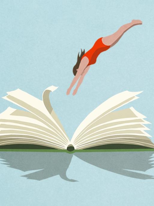 Illustration einer Frau, die kopfüber in ein offenes Buch springt