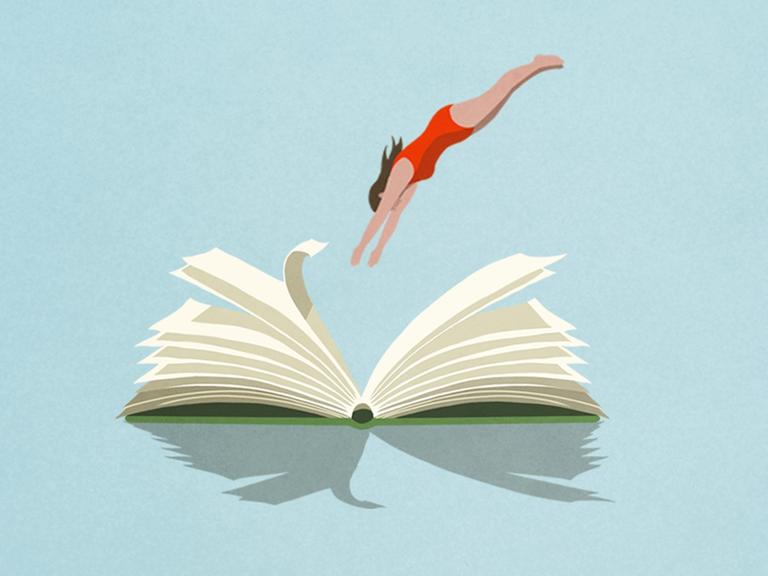 Illustration einer Frau, die kopfüber in ein offenes Buch springt