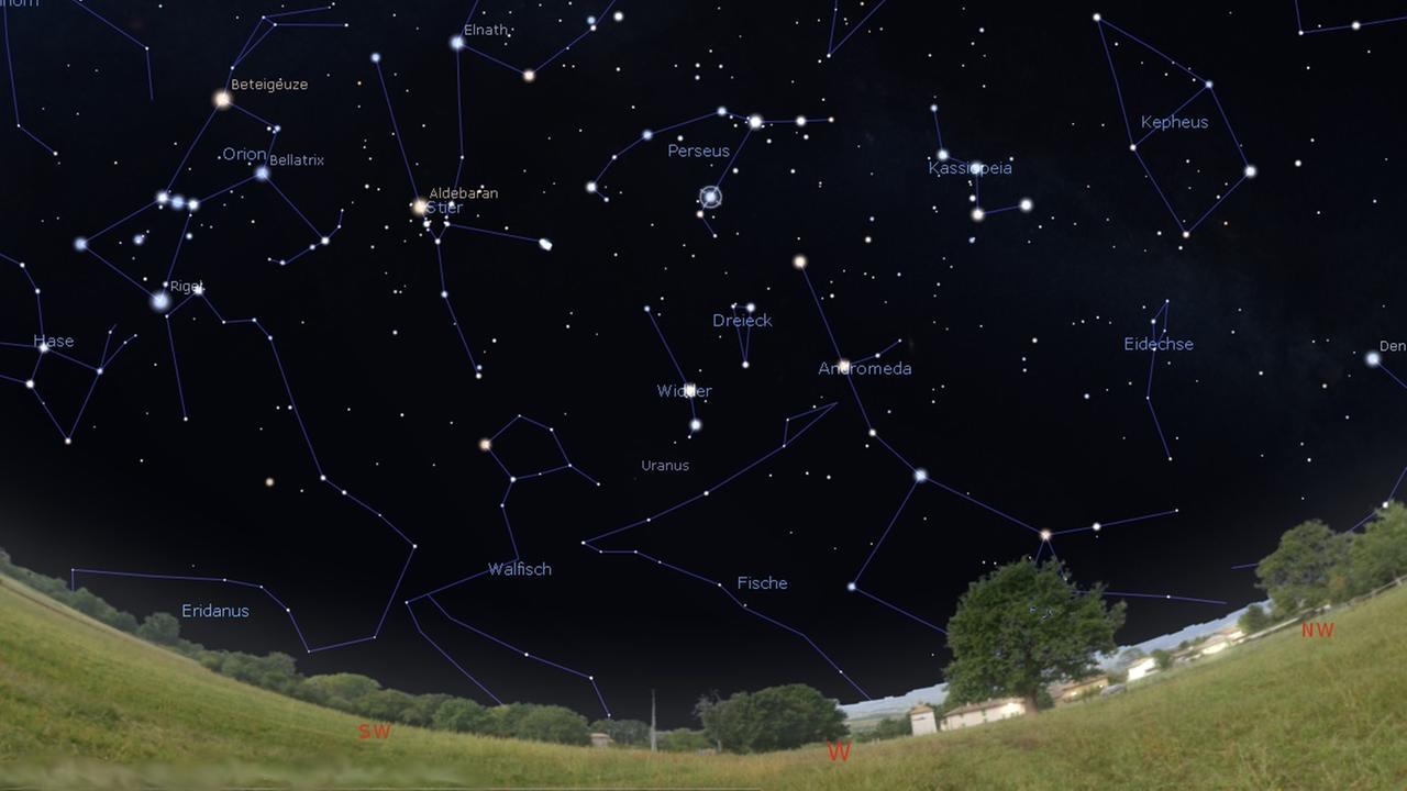 Der veränderliche Sterne Algol im Sternbild Perseus heute Abend gegen 22 Uhr am Westhimmel