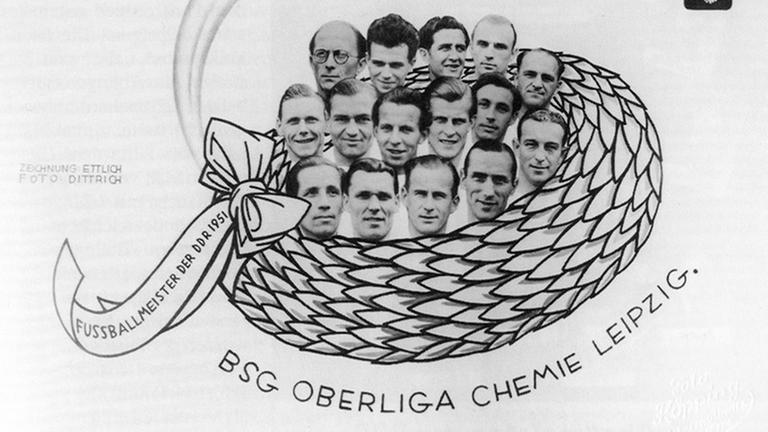 Zu sehen ist eine Collage zum Gewinn der DDR-Fußballmeisterschaft der Saison 1950/51 mit den Porträts der Mannschaftsmitgliedern.
