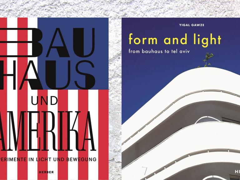 Buchcover links: Hermann Arnhold (Hrsg.): „Bauhaus und Amerika. Experimente in Licht und Bewegung“, Buchcover rechts: Yigal Gawze: „Form and Light. From Bauhaus to Tel Aviv“
