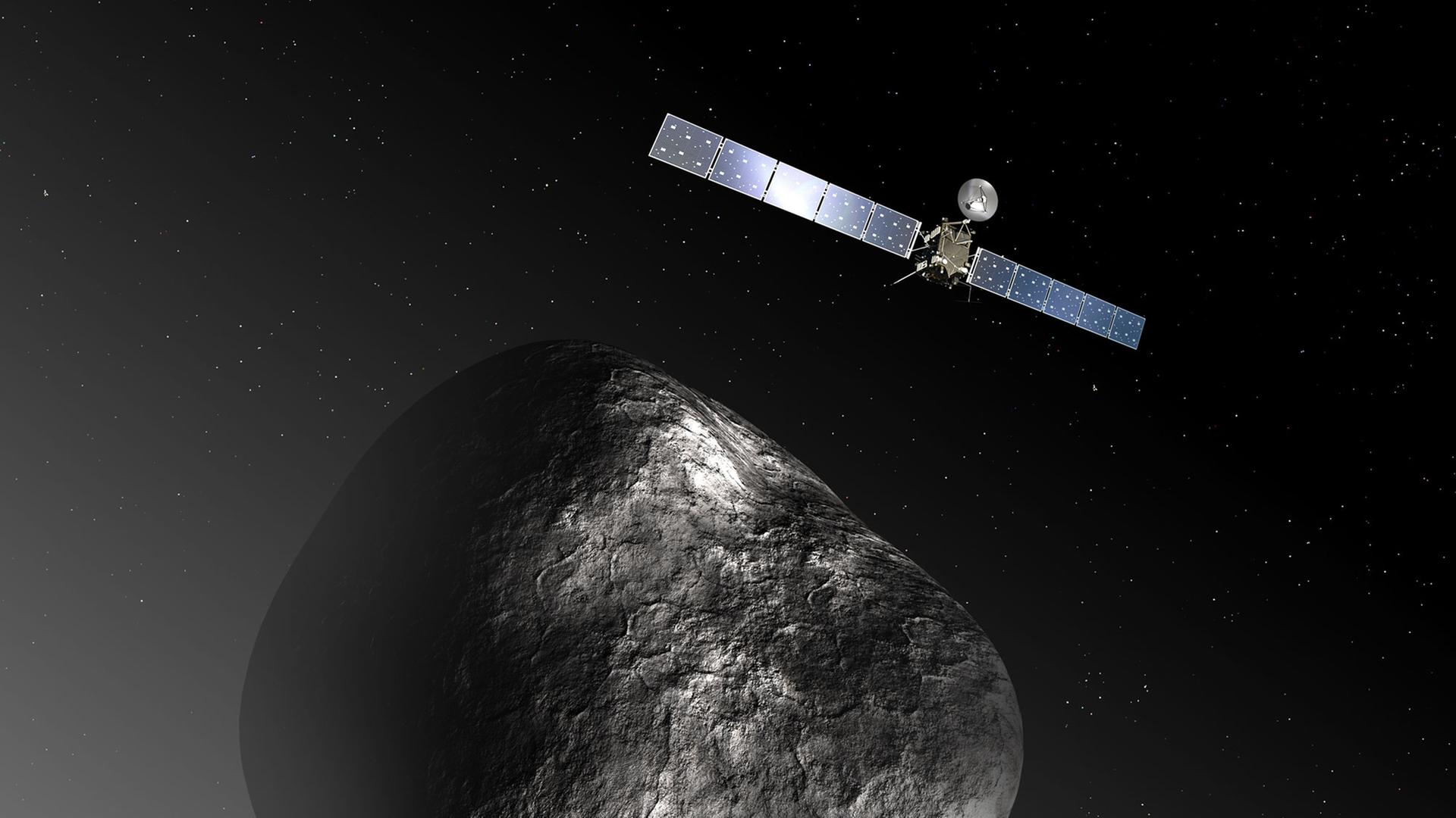Eine Animation der European Space Agency (ESA) zeigt die Raumsonde "Rosetta" in der Nähe des Kometen 67P/Churyumov–Gerasimenko.