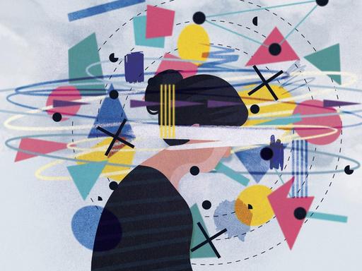 Grafik: Geometrische Formen wirbeln um depressive Frau herum