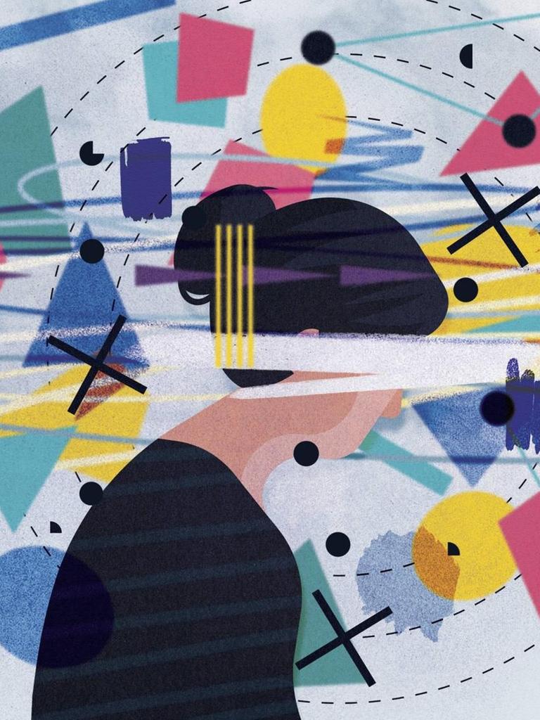 Grafik: Geometrische Formen wirbeln um depressive Frau herum