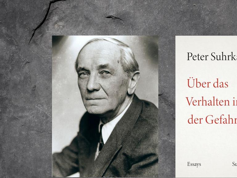Collage des Buchcovers "Über das Verhalten in der Gefahr" und dem Autor Peter Suhrkamp selbst