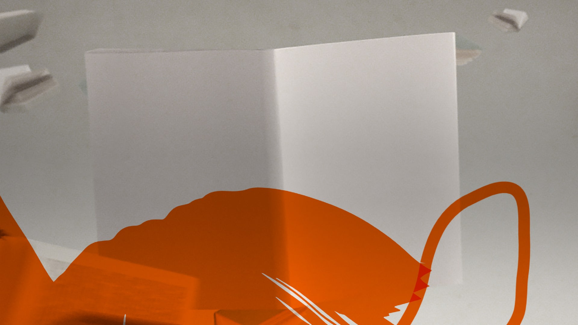 Das Bild zeigt das Podcast-Logo der ZDF-Sendung "Das Literarische Quartett", die als Podcast zum Nachhören von Deutschlandfunk Kultur angeboten wird. Zu sehen ist ein aufgeschlagenes, unbeschriebenes Buch vor umherfliegenden Buchseiten, darauf sind orange Pinselstriche zu sehen und zu lesen "Das Literarische Quartett".